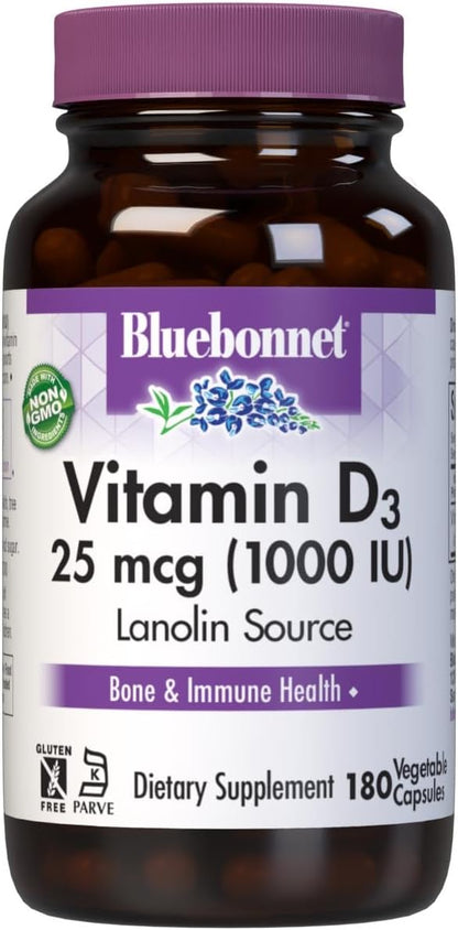 Bluebonnet Vitamin D3 1000 IU Vegetable Capsules, 180 Count