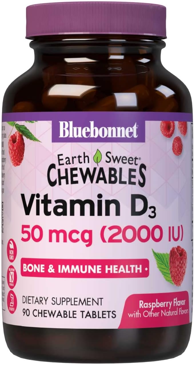 Bluebonnet Nutrition Earth Sweet Vitamin D3 2000 IU Chewable Tablets, Aids in Muscle and Skeletal Growth, D3, Non GMO, Gluten, Free, Soy Free, Milk Free, Kosher, 90 Chewable Tablets, Raspberry Flavor