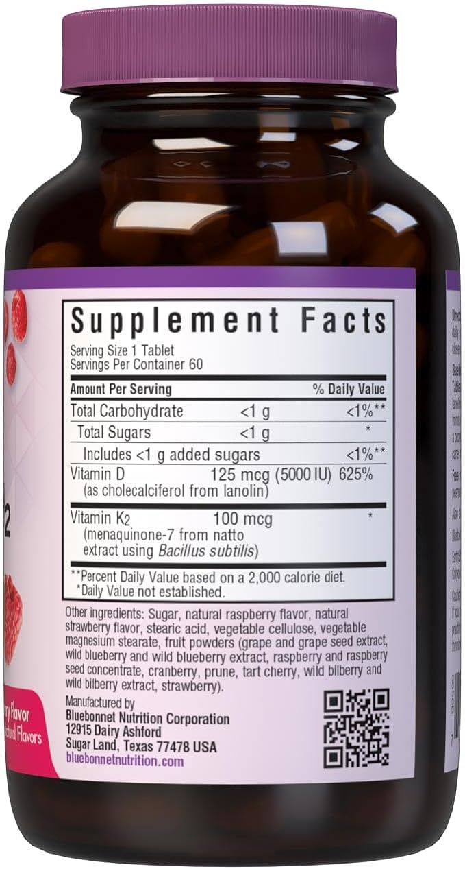 Bluebonnet Nutrition Vitamin D3 & K2 EarthSweet Chewable Tablets, for Immune, Mood & Heart Health*, Soy-Free, Gluten-Free, Non-GMO, Kosher Dairy, 60 Raspberry Flavor Chewable Tablets, 60 Servings