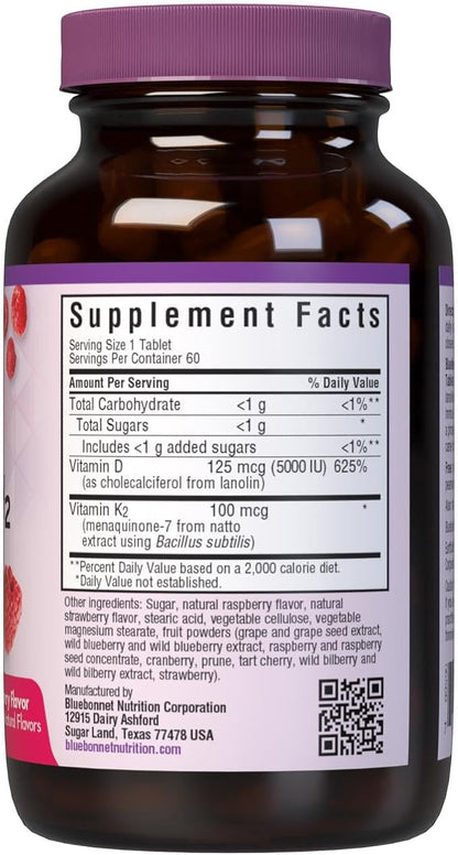 Bluebonnet Nutrition Vitamin D3 & K2 EarthSweet Chewable Tablets, for Immune, Mood & Heart Health*, Soy-Free, Gluten-Free, Non-GMO, Kosher Dairy, 60 Raspberry Flavor Chewable Tablets, 60 Servings