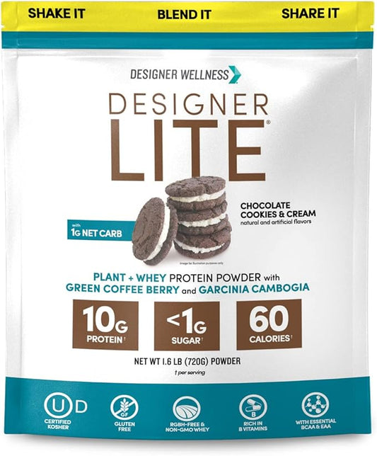 Designer Wellness, Designer Lite, Low Calorie Natural Protein, Prebiotic Fiber, Key Vitamins & Minerals, Chocolate Cookies & Cream, 25.6 Ounces