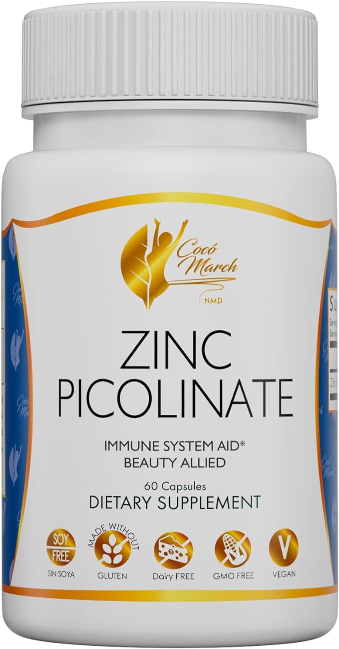 Coco March Zinc Picolinate - Immune System Aid, Beauty Ally, Bio-Available Form for High Absorption - Gluten Free, Soy Free, Dairy Free, GMO Free, Vegan - 60 Servings