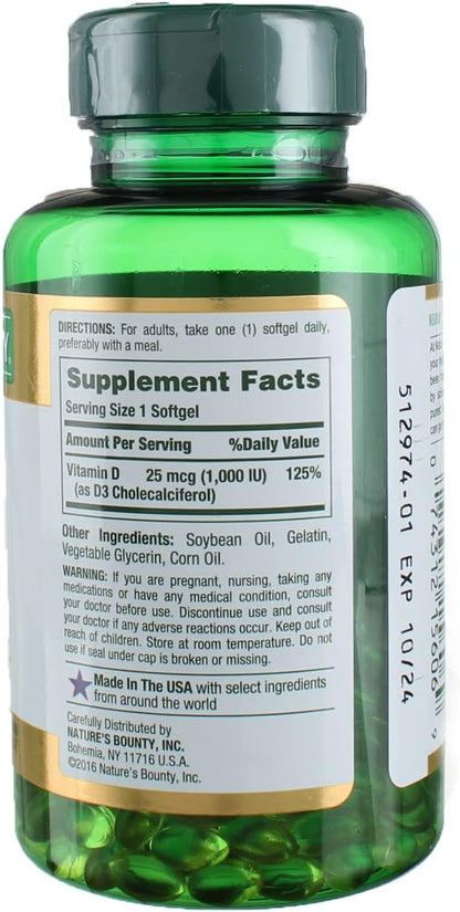 Nature's Bounty Vitamin D3-1000 IU, Rapid Release Softgels 250 ea (Pack of 2)