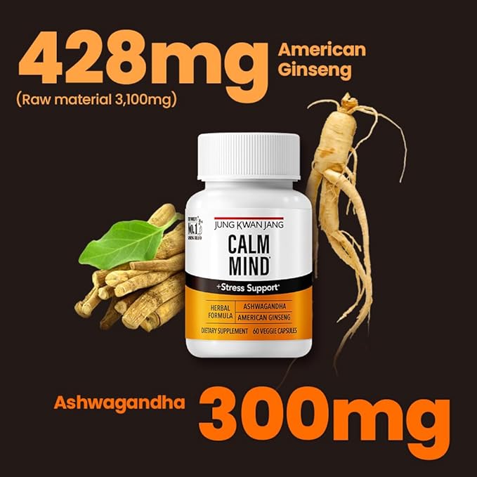 JungKwanJang Calm Formula with Ashwagandha 300mg, American Ginseng 428mg and L theanine 204mg Supplement - 60 Capsule for Men and Women