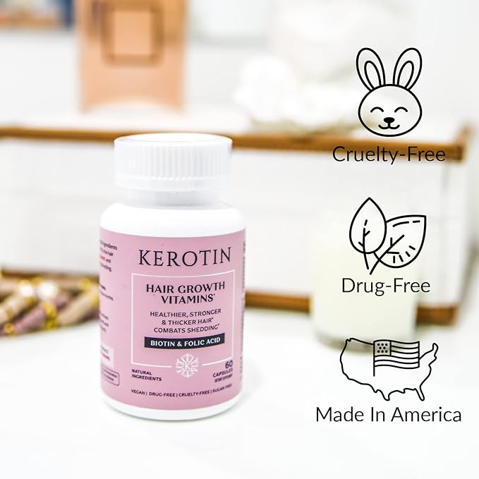 Kerotin Hair Growth Vitamins for Longer, Stronger, Healthier Hair - Hair Loss Supplement Enriched with Biotin, Folic Acid, Saw Palmetto - Hair Vitamins to Grow Thick Hair - 60 Pills (1 Month) (6)