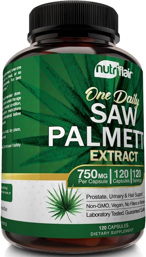 NutriFlair Saw Palmetto Extract 750mg, 120 Capsules - Natural Prostate Supplement & Berry Health Support - Helps Block DHT to Prevent Hair Loss and Helps Reduce Frequent Urination, for Women and Men