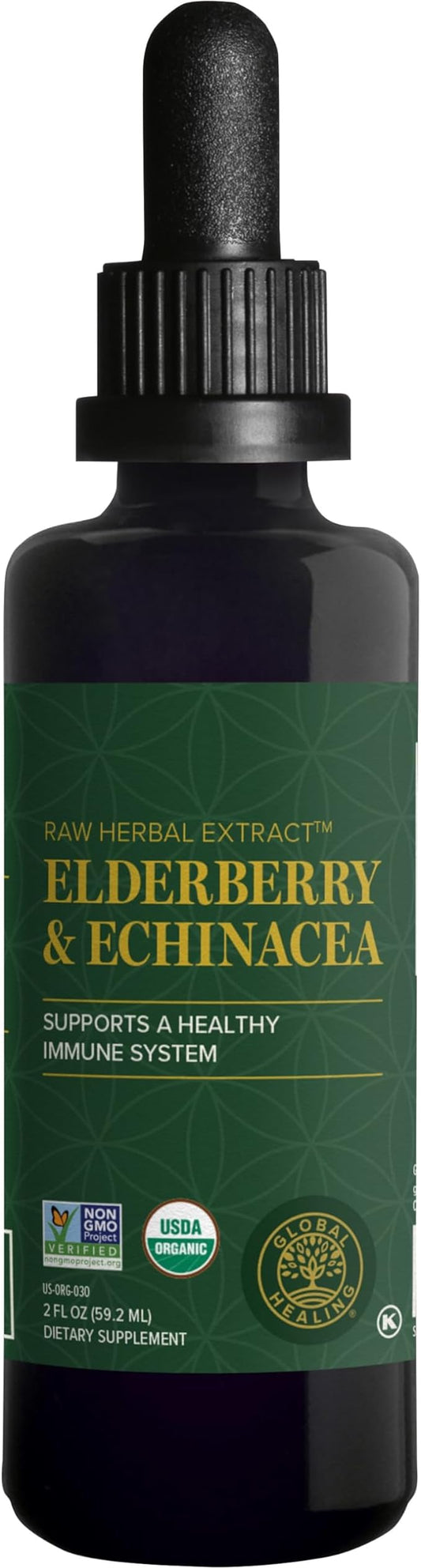 Global Healing Center USDA Organic Elderberry & Echinacea Liquid Supplement Tincture | Antioxidant Immune Support Against Harmful Organisms for Adults and Kids, Vegan, Non-GMO, 2-Month Supply (2 Oz)