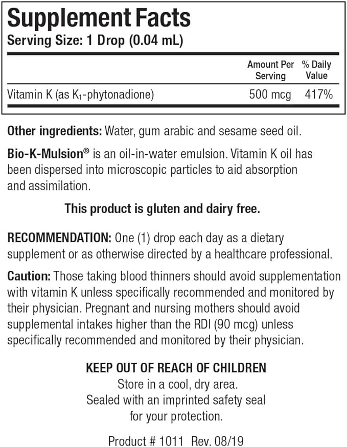 Biotics Research Bio K Mulsion Strong Bones, Heart Health, Blood Clotting Support, Liquid Vitamin K, K1 phytonadione, 1 fl oz