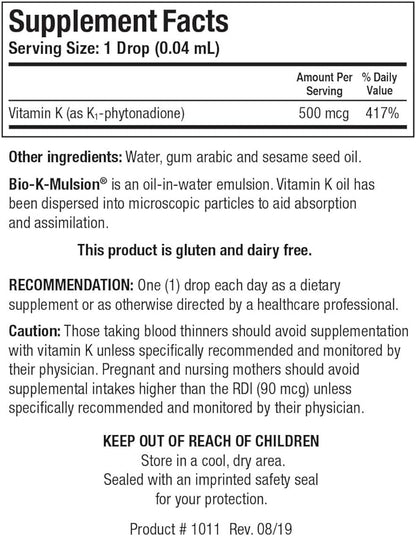 Biotics Research Bio K Mulsion Strong Bones, Heart Health, Blood Clotting Support, Liquid Vitamin K, K1 phytonadione, 1 fl oz