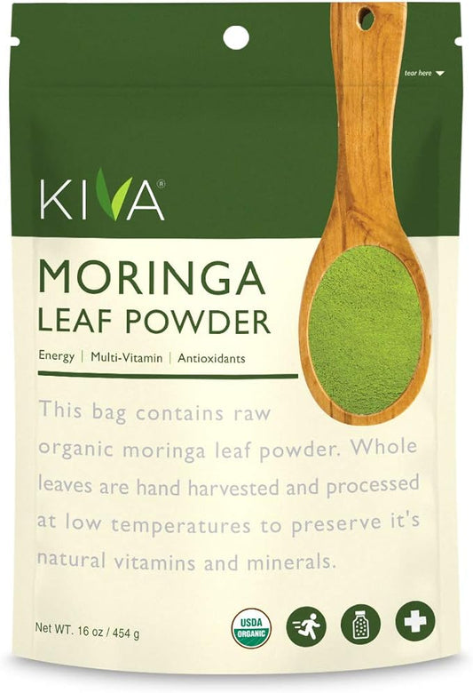 Kiva Organic Moringa Leaf Powder, 100% Pure and USDA Organic, Superfood Moringa Nutrition for Overall Health, Immune Support, and Energy Boost, RAW, Vegan, Non-GMO, 16-Ounce Resealable Bag