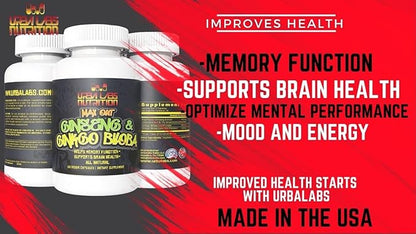 Urbalabs Max Out Ginseng & Ginkgo Biloba Focus Supplement Pills for Women and Men Mood & Memory Support Super Nootropic Ginseng Supplements Mental Clarity Memory Booster