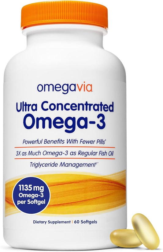 OmegaVia Ultra Concentrated Omega 3 Fish Oil Burpless, 60 Softgels, Triple Strength Omega 3 Fish Oil Supplements, 1135 mg Pure Omega3, No Fishy Burps, High EPA DHA DPA, IFOS 5-Star