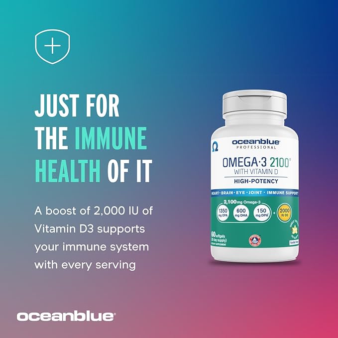 Oceanblue Professional Omega-3 2100 – 180 ct – Triple Strength Burpless Fish Oil Supplement with High-Potency EPA, DHA, DPA and Vitamin D3 – Wild-Caught – Vanilla Flavor (90 Servings)