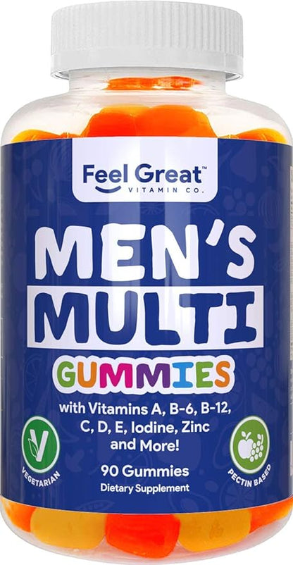 Feel Great Vitamin Co. Men's Multivitamin Gummies, Packed with Vitamin A, B-6, B-12, Biotin, C, D3, E, Iodine, Folic Acid, Zinc. Made in The USA. 45 Day Supply