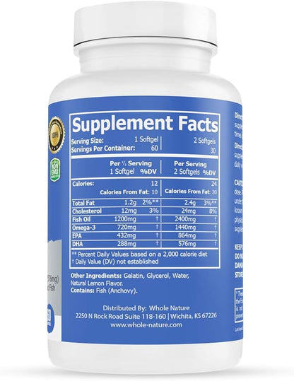 Omega 3 Fish Oil Supplements, Maximum Strength 2400 mg Omega-3, 1440mg Fish Oil, EPA DHA Fatty Acids, Heart Health, Vision, Eye, Brain, Immune Support for Women & Men. Natural Lemon Flavor, 60 ct (1)