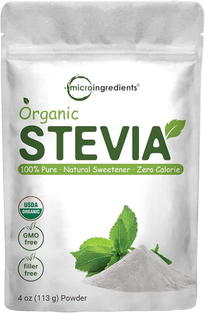 Pure Organic Stevia Powder, 4 Ounces, 706 Serving, Highest Grade Stevia Green Leaf Extract Reb-A, Reduced Bitter Aftertaste, 0 Calorie, Natural Sweetener, Sugar Alternative, Keto Friendly