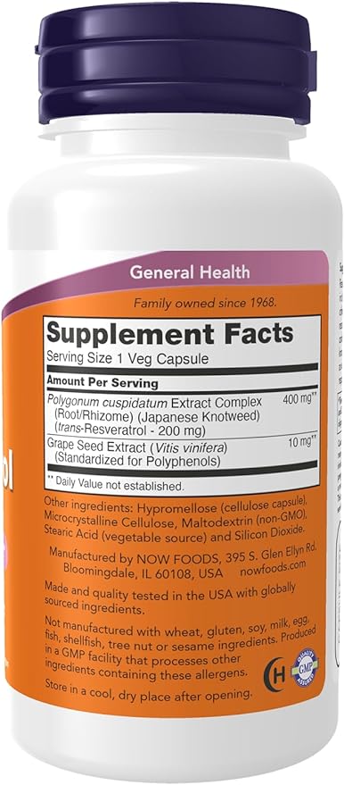 NOW Supplements, Natural Resveratrol 200 mg with Red Wine Extract, 60 Veg Capsules