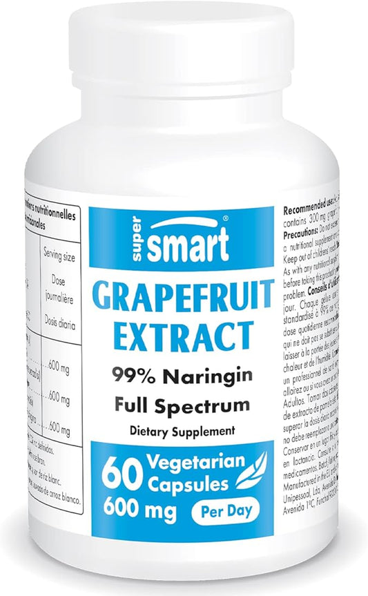 Supersmart - Grapefruit Extract 600mg per Day (99% Naringin) - High Potency GSE Supplement | Non-GMO & Gluten Free - 60 Vegetarian Capsules