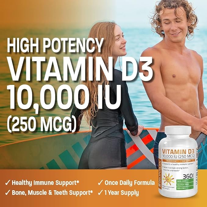 Bronson Vitamin D3 10,000 IU (250 mcg) High Potency - Supports Healthy Immune System, Strong Bones, Muscles & Teeth - Non GMO, 180 Softgels