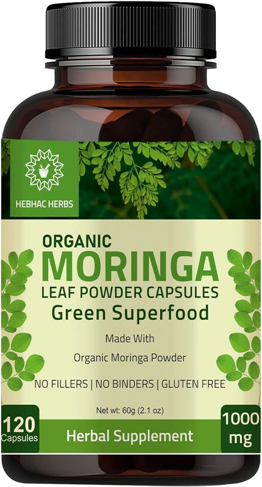 Organic Moringa Capsules 120 Capsules 1000mg – Organic Moringa Oleifera Leaf Powder Capsules Leaf Energy, Metabolism, & Immune Support Nutrient-Rich superfood | Non GMO and Gluten Free