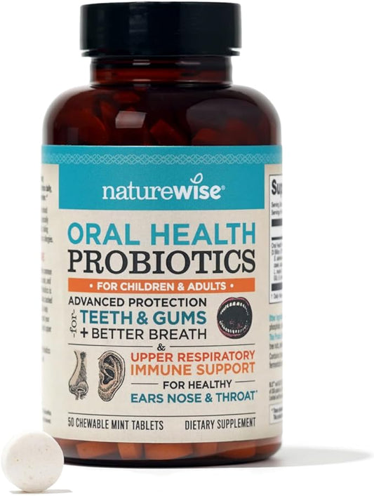 NatureWise Oral Probiotics for Teeth & Gums & Fresh Breath* - Chewable Probiotic - Non-GMO Sugar-Free Mint Tablet - Dental Probiotic for Kids & Adults w/ BLIS K12 & M18 - 50 Count[50-Day Supply]