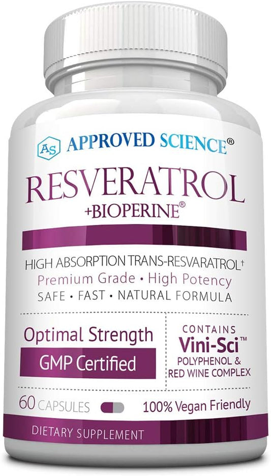 Approved Science® Resveratrol - 1000 mg of Trans Resveratrol - 250 mg of Polyphenol - 98% Purity Level - Includes Bioperine® - 60 Vegan Friendly Capsules - 1 Bottle