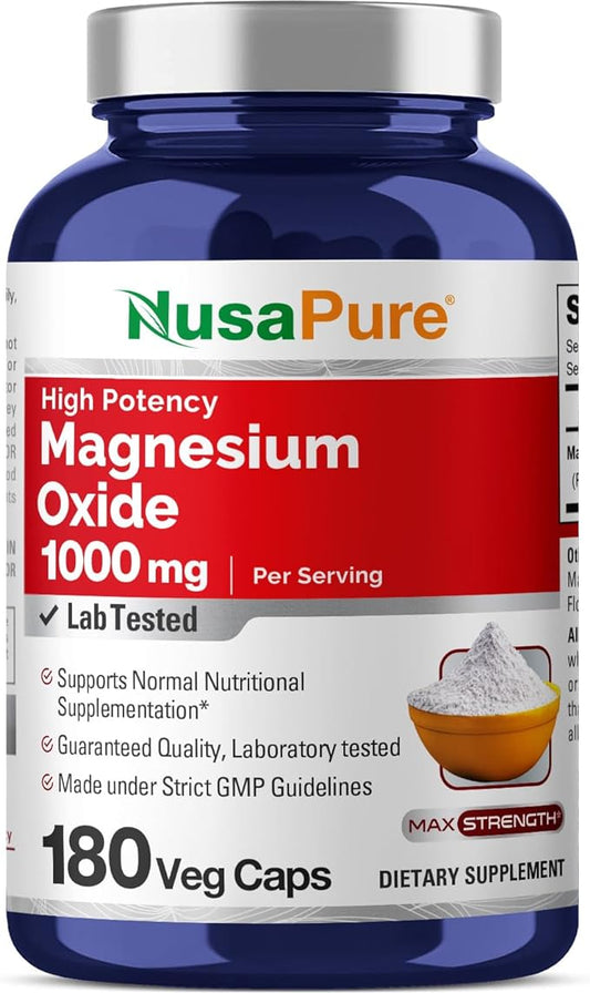 NusaPure Magnesium Oxide 1,000mg per Serving 180 Veggie Caps (Non-GMO, Gluten Free)