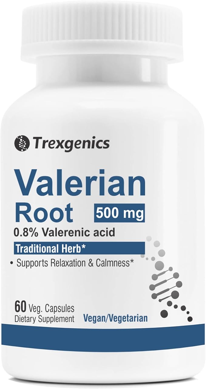 Trexgenics Valerian Root 500 mg 0.8% Valerenic Acid Stress, Calmness & Relaxation Support (60 Vegan Capsules) (Pack of 1)