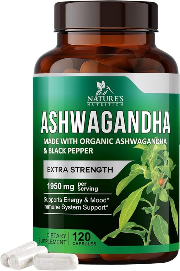 Nature's Nutrition Organic Ashwagandha Capsules Extra Strength 1950mg - Stress Support Formula - Natural Mood Support - Focus & Energy Support Supplement - 120 Capsules