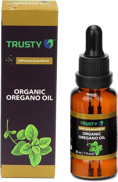 Trusty Organic Oregano Oil 30ml Super Concentrated USDA Organic Oil of Oregano Drops for Immune Support and Digestive Health - Vegan Non GMO 100% Pure Oregano Oil Drops for Kids and Adults