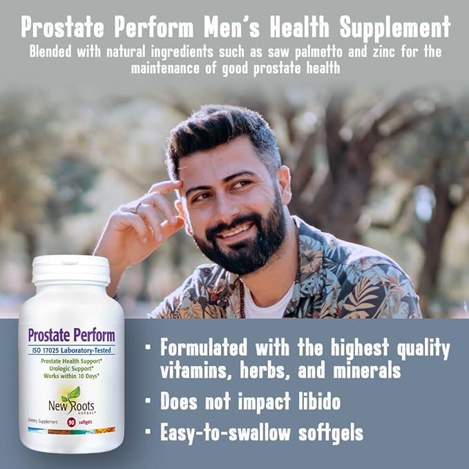 NEW ROOTS HERBAL Prostate Perform Supplement (60 Softgels) Saw Palmetto with Vitamins & Zinc | Relieves Weak Urine Flow | Incomplete Voiding | Frequent Daytime and Nighttime Urination