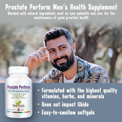 NEW ROOTS HERBAL Prostate Perform Supplement (60 Softgels) Saw Palmetto with Vitamins & Zinc | Relieves Weak Urine Flow | Incomplete Voiding | Frequent Daytime and Nighttime Urination