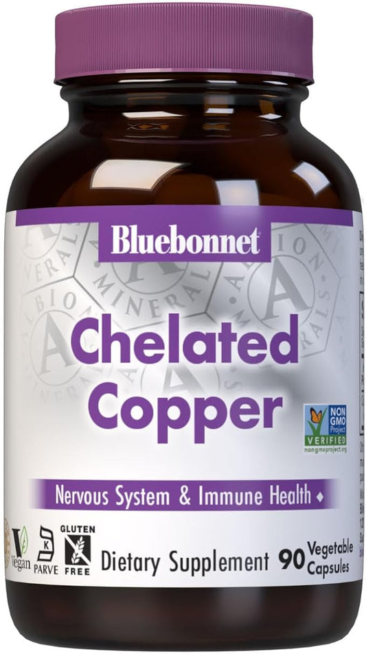 Bluebonnet Nutrition Albion Chelated Copper, 3 mg of Copper, For Nervous System & Immune Health*, Soy-Free, Gluten-Free, Non-GMO, Kosher Certified, Dairy-Free, Vegan, 90 Vegetable Capsule, 90 Servings