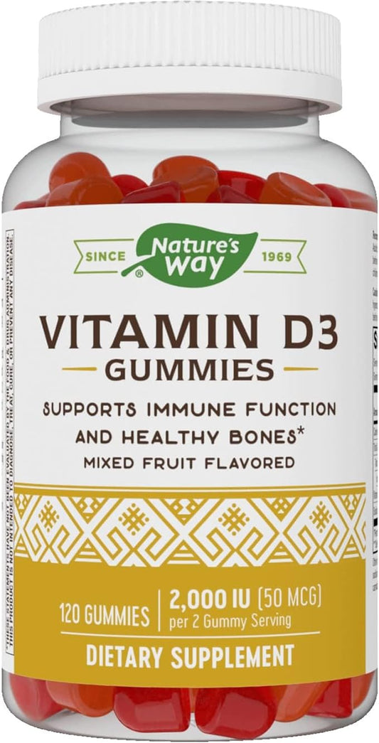 Nature's Way Vitamin D3 Gummies, Supports Immune and Bone Health*, 2000 IU (50 mcg) per 2-gummy Serving, Mixed Fruit Flavored, 120 Gummies (Packaging May Vary)