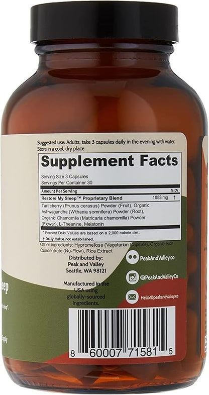 Peak + Valley Natural Sleep Aid for Adults - 90 Capsules for Deep Sleep - 3 mg Melatonin, L Theanine, Chamomile, Ashwagandha - Natural Herbal Sleeping Pills - Extra Strength Calming Sleep Aid