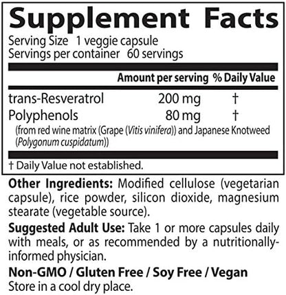 Doctor's Best, Trans-Resveratrol with ResVinol, Non-GMO, Vegan, Gluten & Soy Free, 200 mg, 60 Count