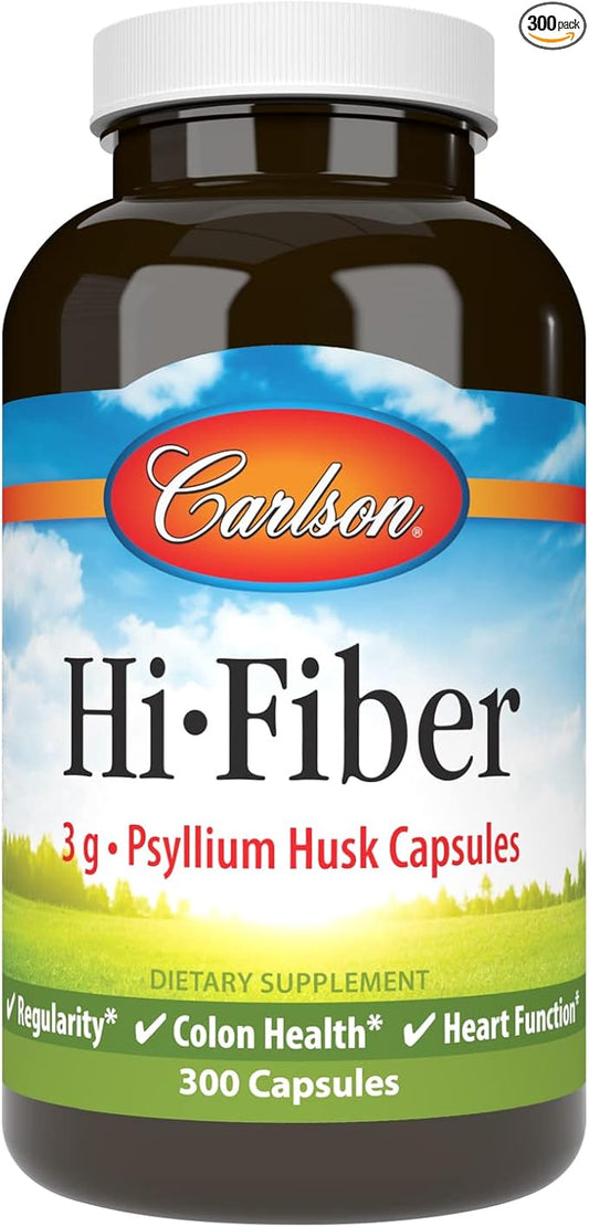 Carlson - Hi-Fiber, 3 g, Psyllium Husk Capsules, Regularity, Colon Health & Heart Function, 300 Capsules