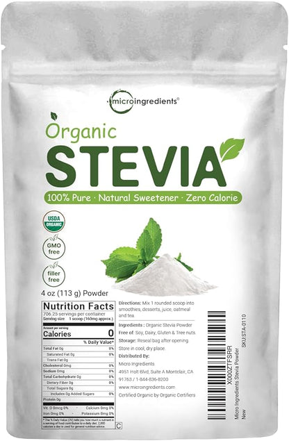 Pure Organic Stevia Powder, 4 Ounces, 706 Serving, Highest Grade Stevia Green Leaf Extract Reb-A, Reduced Bitter Aftertaste, 0 Calorie, Natural Sweetener, Sugar Alternative, Keto Friendly