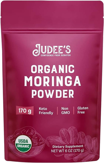 Judee's Organic Moringa Powder 6 oz - Non-GMO - Gluten-Free and Keto-Friendly - Blends Well in Smoothies and Protein Shakes - Mix into Juice, Tea, or Lattes