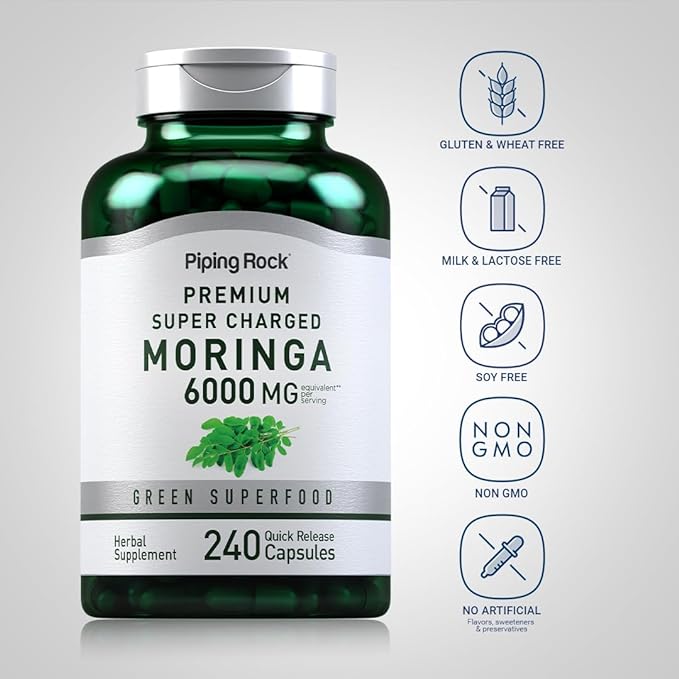 Piping Rock Moringa Oleifera Capsules 6000mg | 240 Count | Leaf Concentrated Extract | Herbal Supplement | Non-GMO, Gluten Free