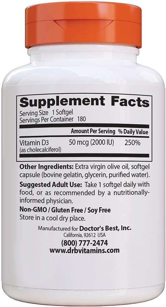 Doctor's Best Vitamin D3 2 000 IU Healthy Bones Teeth Heart Immune Support NonGMO GlutenFree Soy Free , 180 Count