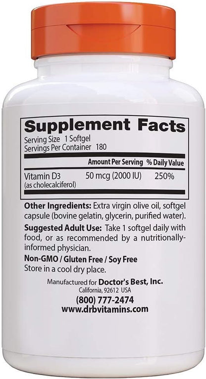 Doctor's Best Vitamin D3 2 000 IU Healthy Bones Teeth Heart Immune Support NonGMO GlutenFree Soy Free , 180 Count