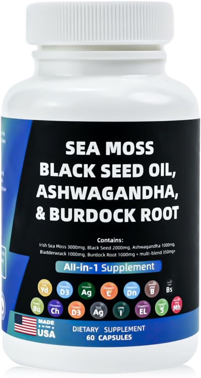 Multivitamin Sea Moss 3000mg Black Seed Oil 2000mg Ashwagandha 1000mg Turmeric 1000mg Bladderwrack 1000mg Burdock 1000mg Vitamin D3 with Elderberry Manuka Dandelion Yellow Dock Iodine Chlorophyll