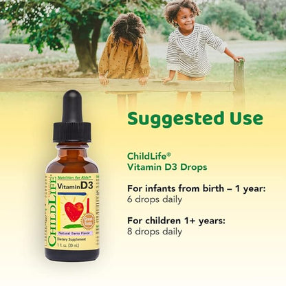 CHILDLIFE ESSENTIALS Vitamin D3 for Babies- Vitamin D Drops for Kids, Supports Immune, Respiratory, Heart, & Bone Health, Gluten-Free, Non-GMO, 500 IU (12.5 mg) - Berry Flavor, 1 Fl. Oz Bottle, 3-Pack