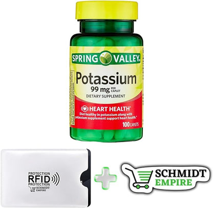 Spring Valley Potassium Heart Health Dietary Supplement Caplets, 99 mg, 100 Count + (Schmidt Empire Sticker) Potassium Cardiac, Nerve and Muscle Function (Pack of 1)