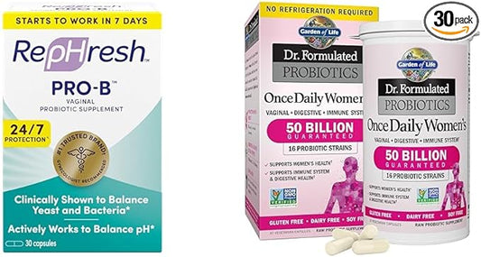 Rephresh Pro-B Probiotic Supplement for Women, 30 Oral Capsules & Garden of Life, Dr. Formulated Women's Probiotics Once Daily, 16 Strains, 50 Billion, 30 Capsules