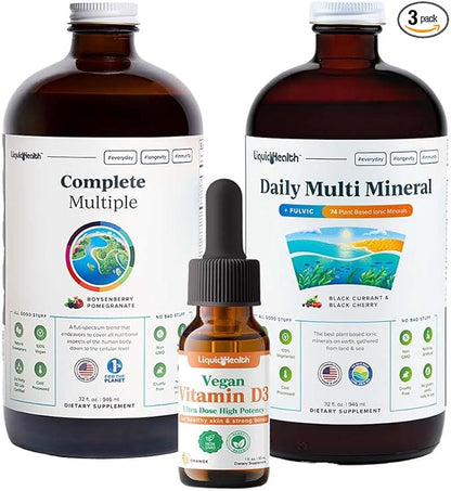 LIQUIDHEALTH Ultra Immunity Liquid Vitamin Bundle for Adults with Complete Multivitamin, Daily Multi Minerals and Vegan Vitamin D3 Drops - Immune Support Vitamins, Whole Foods, Vegan, Non GMO