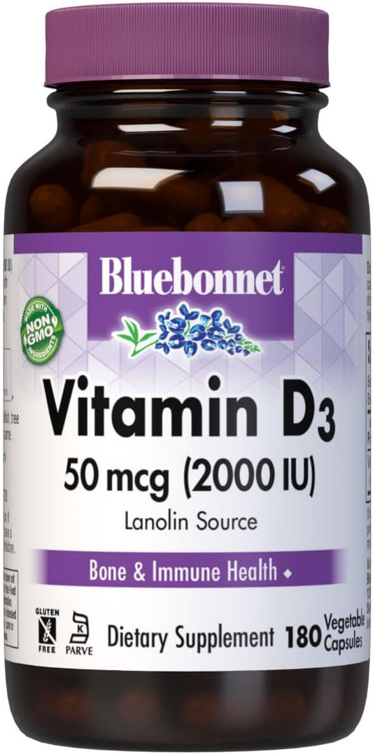 Bluebonnet Nutrition Vitamin D3 2000 IU Vegetable Capsule, Aid in Muscle and Skeletal Growth, Cholecalciferol from Lanolin, D3, Non GMO, Gluten Free, Soy Free, Milk Free, Kosher, 180 Vegetable Capsule