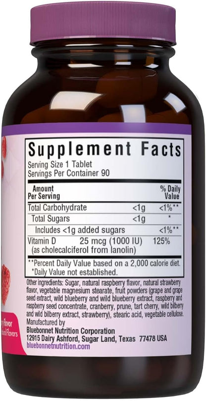 BlueBonnet Nutrition Earth Sweet Vitamin D3 1000 IU Chewable Tablets, Raspberry, 90 Count