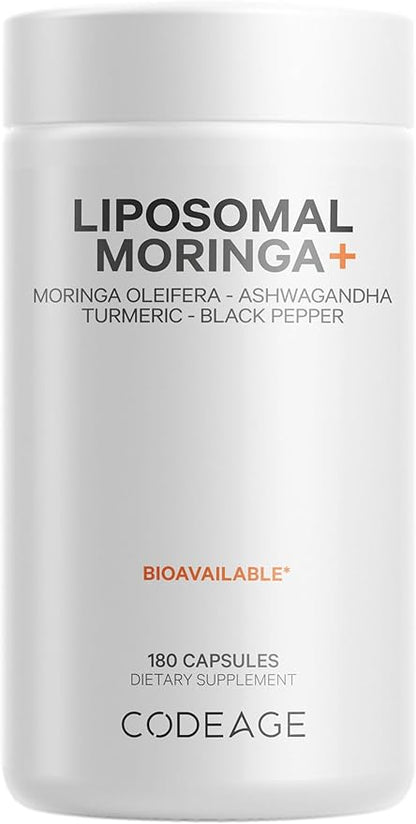 Codeage Liposomal Moringa+ Supplement, 400mg Moringa 50:1 Extract (20,000mg Moringa Oleifera Leaf Equivalent), Turmeric, Ashwagandha, Black Pepper, 3-Month Supply, Vegan Moringa Powder - 180 Capsules